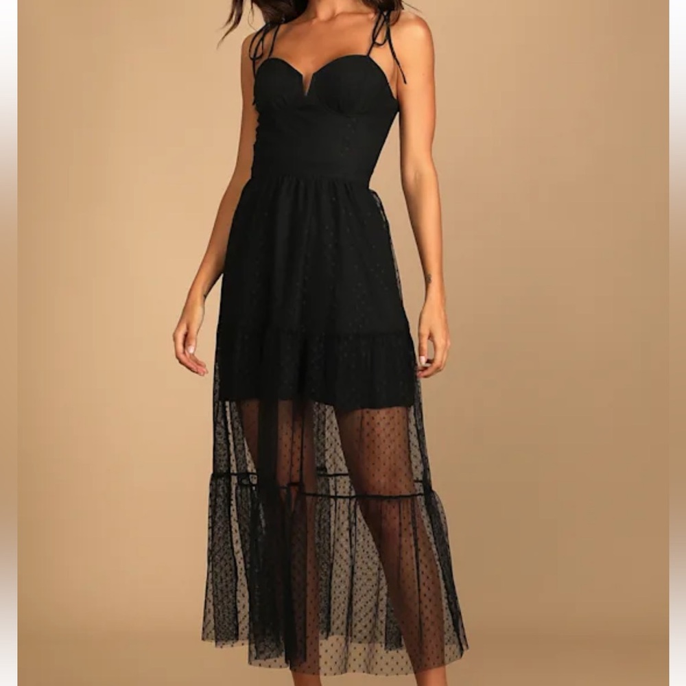 Lulu's Romantic Spot Black Polka Dot Mesh Tiered Midi Dress New With Tags